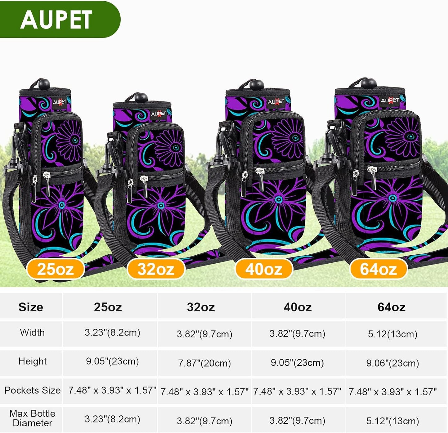 AUPET Water Bottle Sling Bag Sleeve Holder Carrier 25/32/40/64 oz,Insulated Crossbody Water Bottle Case Cover with Strap and Pockets for Men/Women Walking Hiking