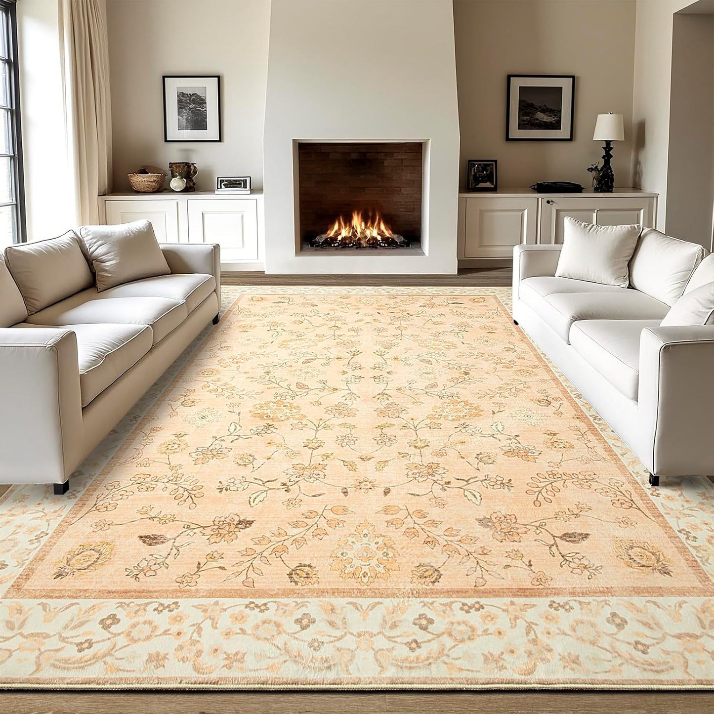 LOCHAS Washable Area Rugs 8x10, Peach Floral Rug for Living Room Bedroom Non Slip, Ultra Soft Vintage Indoor Carpet for Kids, Nursery, Dorm, Dining Room, Classroom, Boho Flower Home Decor, Low-Pile