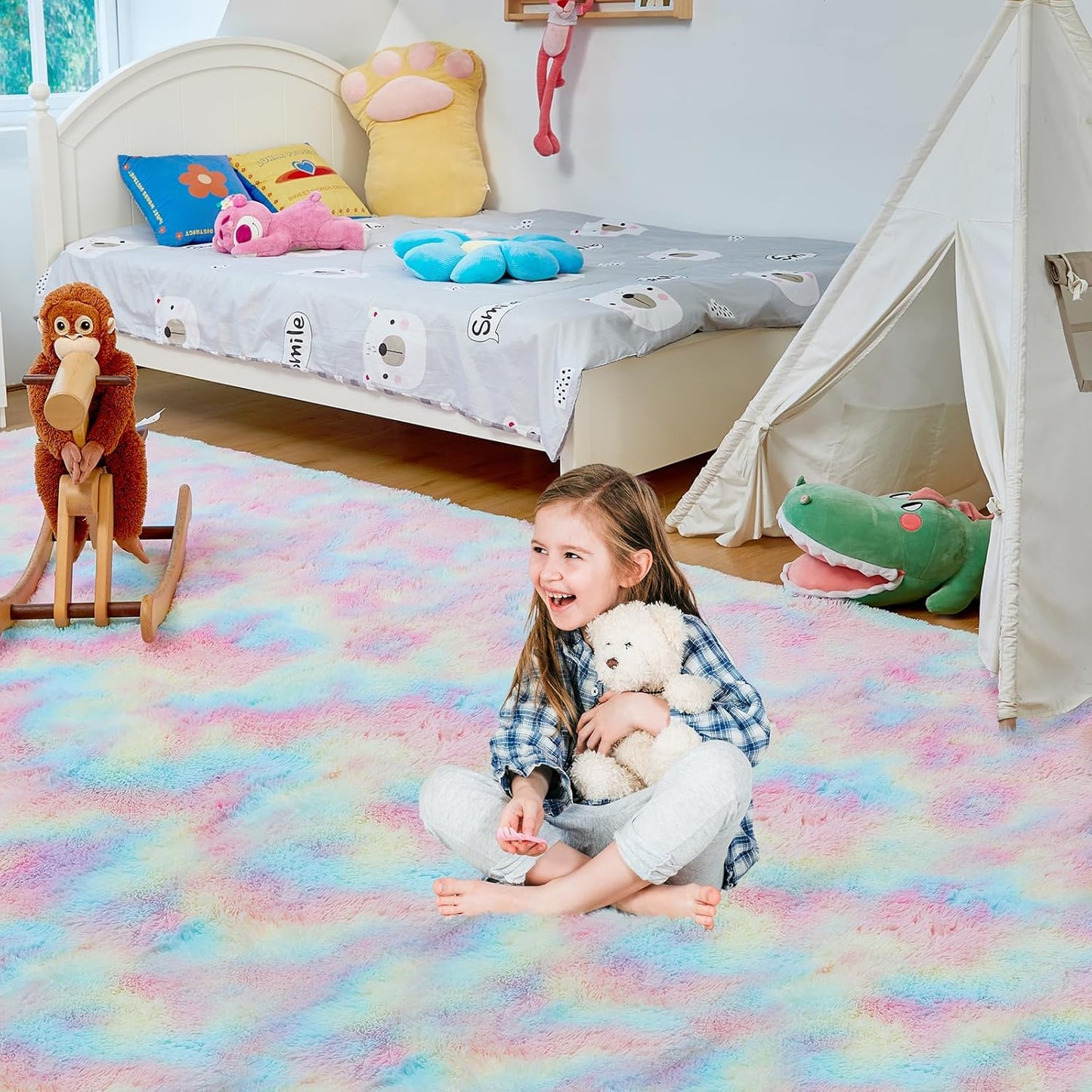 Fluffy Colorful Rug for Living Bedroom, Rainbow Fluffy Soft Plush Area Rugs for Girls Bedroom, Fuzzy Nursery Rug for Baby's Toddler's，Clorful Room Decor for Teenage, Easy-Cleaning, Non Shedding, 3X4