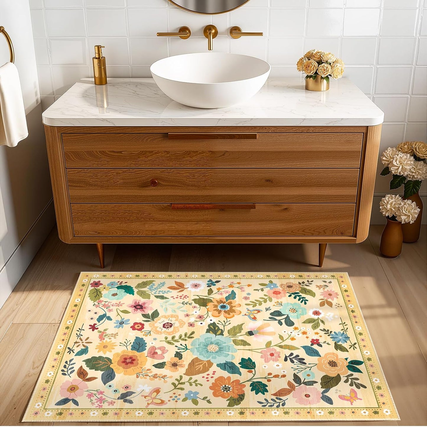 Floral 2x3 Area Rug Machine Washable Soft Print Boho Carpet Non Slip Doormat Low Pile Flower Area Rugs for Living Room Bedroom Nursery Kitchen Dining Room Indoor-Ivory/Yellow