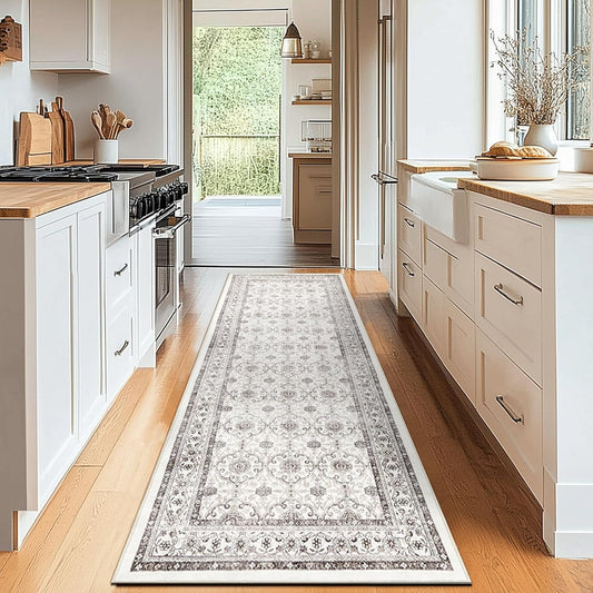jinchan Hallway Runner Rug 2x10 - Machine Washable Beige Vintage Floral Distressed Design Soft Non-Slip Low-Pile Ultra-Thin Runner Rug for Kitchen Laundry Room Bedroom Farmhouse (2‘x10',Beige)