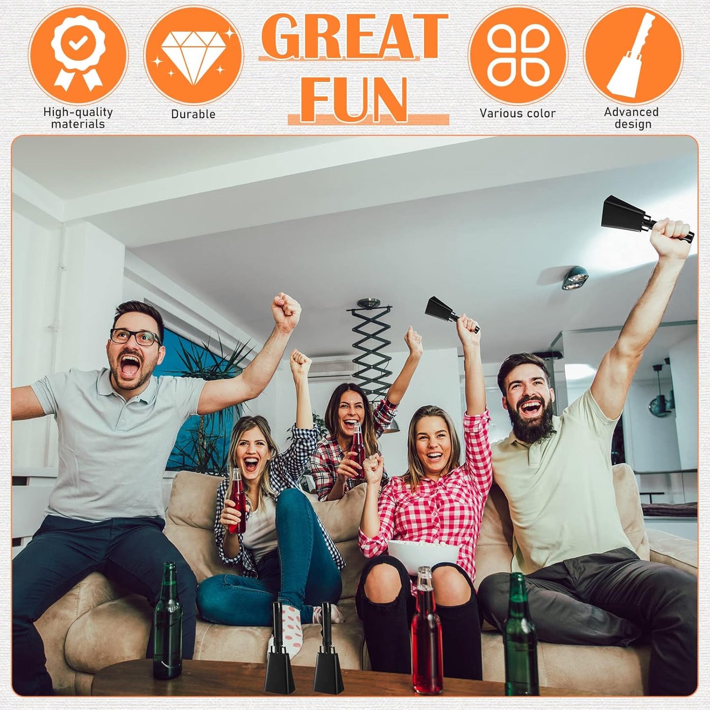 24 Pcs Cow Bell Cheering Bell Cow Bells Noise Makers for Sporting Events Football Cowbell with Handle Loud Musical Instrument for Sports School Classroom Alarm(black,9 '')