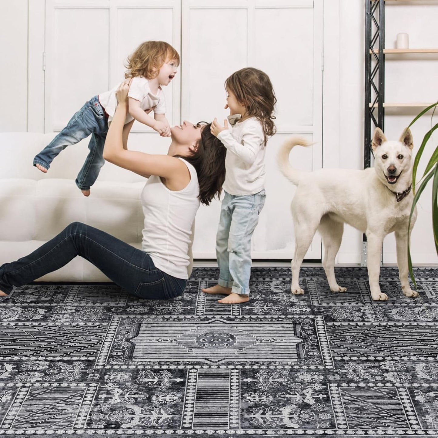 4x6 Washable Area Rug for Living Room, Carpet for Bedroom, Soft Faux Wool Retro Dining Room Rug, Non Slip&Non-Shedding Resistant Low Pile Vintage Print Rug for Home Office (Grey)