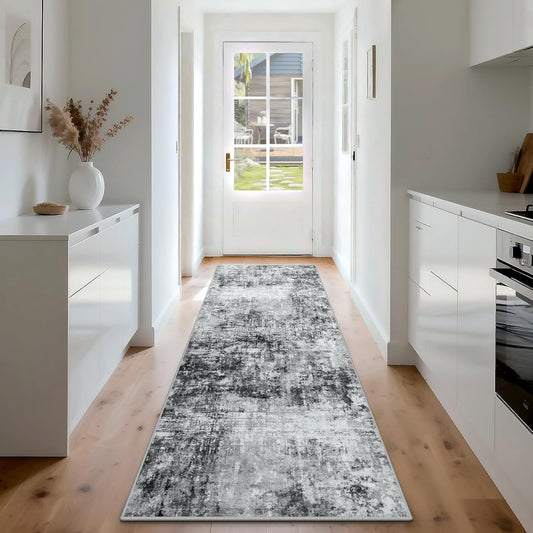 Runner Rug for Hallways Kitchen 2'6"x8' Washable, Non Slip Carpet 8ft Area Rugs Entryway Rubber Backed 8 Feet Neutral Abstract Modern Low Pile Indoor Black Grey