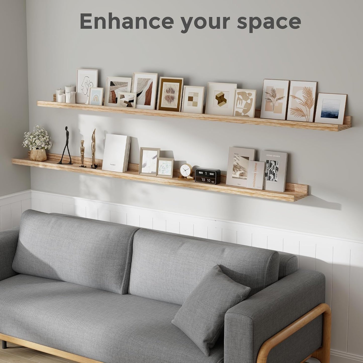 Fun Memories 72 Inch Floating Shelves for Wall with Lip, Natural Wood Long Picture Shelves Photo Shelf with Ledge, Rustic Wall Mounted Long Shelves for Home Decor & Storage, Set of 2