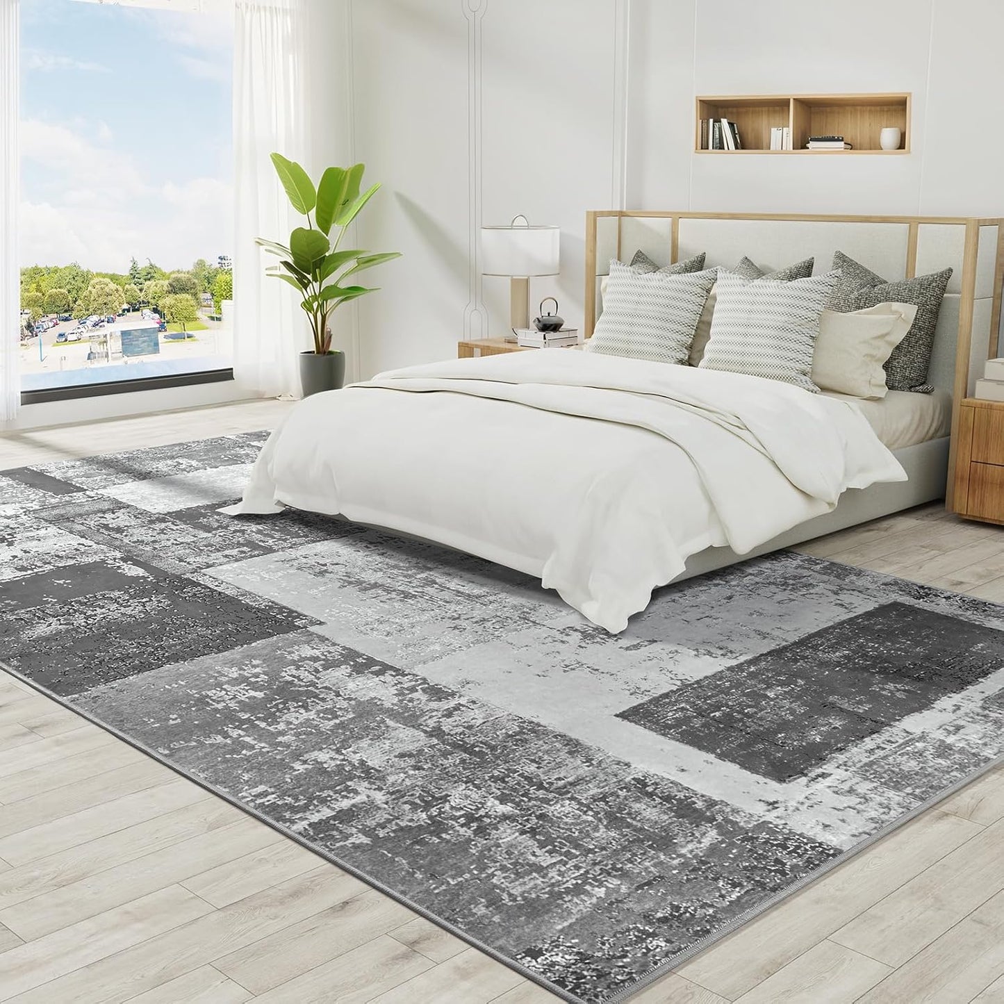 LOCHAS Rug for Living Room, Washable Soft Area Rugs for Bedroom 5x8, Abstract Carpet for Indoor Office Kids Dining Room Nursery Floor, Grey Geometric Vintage Home Decor, Non Slip, Pet Child Friendly