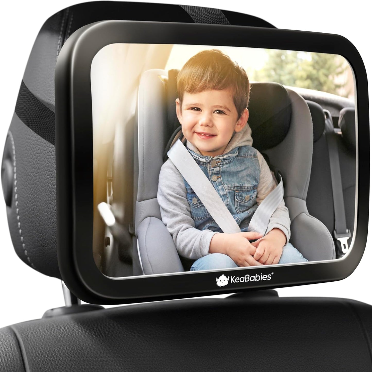 Large Shatterproof Baby Car Mirror, Backseat - Safety Car Seat Mirror for Baby Rear Facing, 360 Wide Crystal Clear View, Accessories for Removable Headrest, Easy Install & Adjustable (Sleek Black)