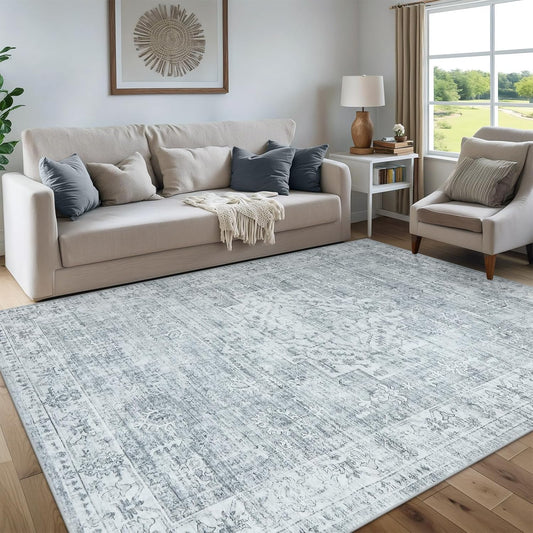 LIVEBOX Washable Area Rug 8x10 Rugs for Living Room Bedroom, Non-Slip Boho Neutral Carpet for Dining Room Office, Low-Pile Farmhouse Soft Carpets for Kids Nursery Room Playroom, Grey