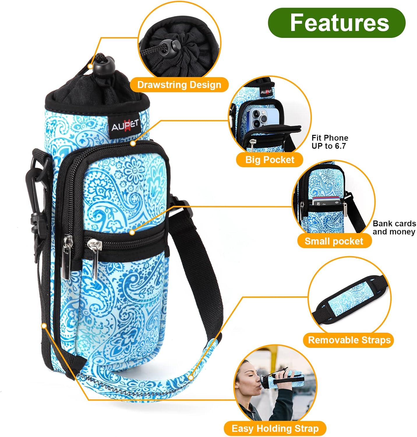 AUPET Water Bottle Sling Bag Sleeve Holder Carrier 25/32/40/64 oz,Insulated Crossbody Water Bottle Case Cover with Strap and Pockets for Men/Women Walking Hiking