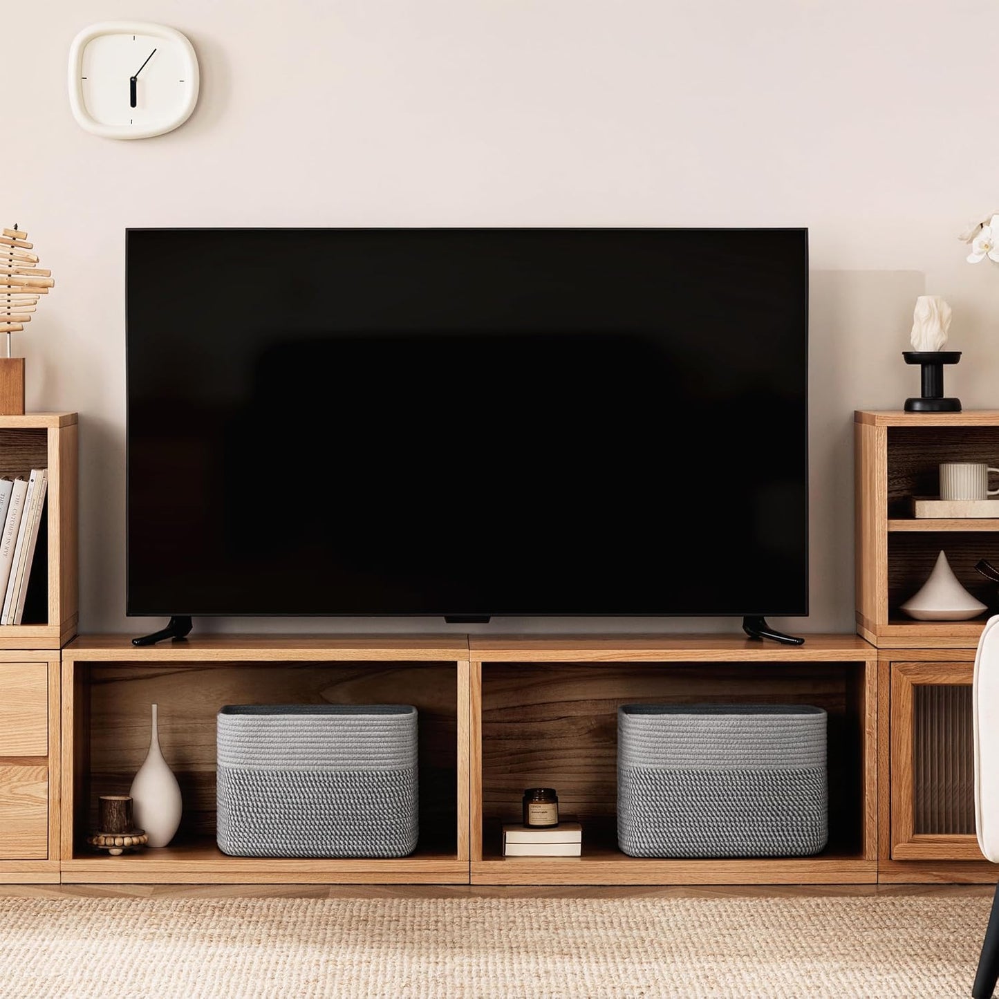 UBBCARE 4 Pack Baskets for Organizing, Woven Storage Baskets for Toys and Towel, Rectangle Cotton Rope Basket with Handles, 15''L x10''W x9''H, Mixed Grey