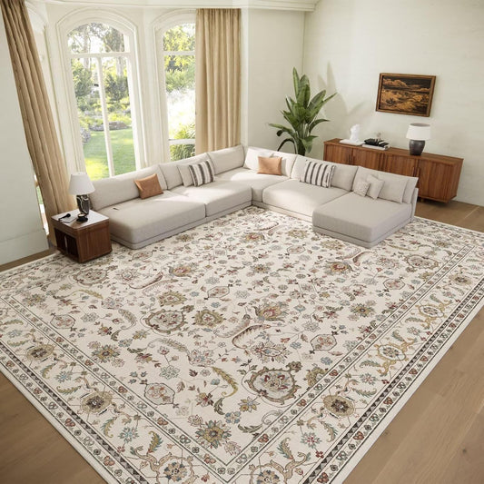 Washable 10x14 Area Rugs for Living Room, Boho Non-Slip Silicone Backing Rugs for Bedroom Dining Room Office, 0.3" Neutral Oriental Throw Carpet with 0.16" Cushioning Pad, Light Beige/Multi