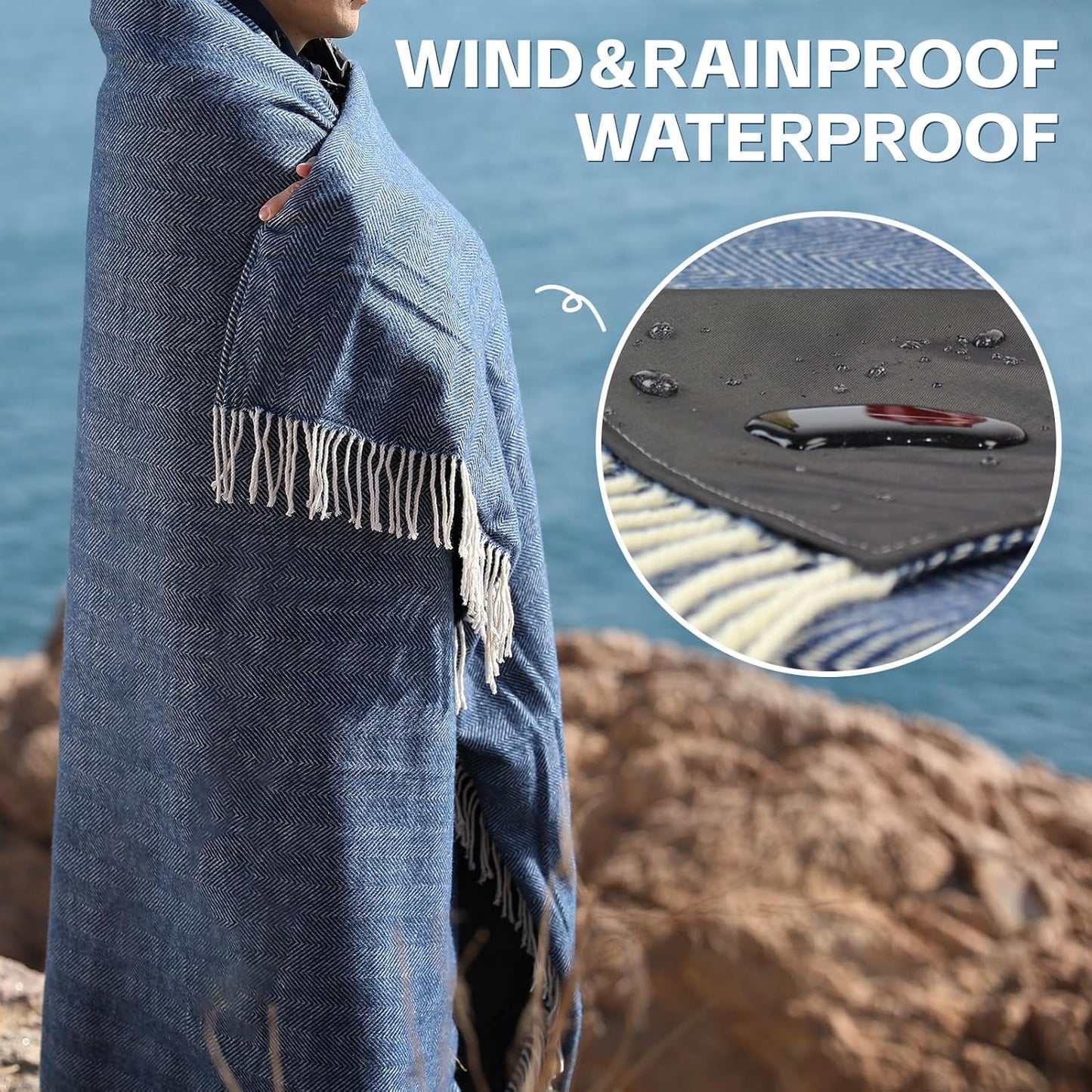 Waterproof Picnic Blankets- Extra Large Outdoor Blanket Foldable, Beach Blanket with PU Handles, Sandproof Picnic Mat for Hiking, Camping, Lawn, Park, Grass. Blue