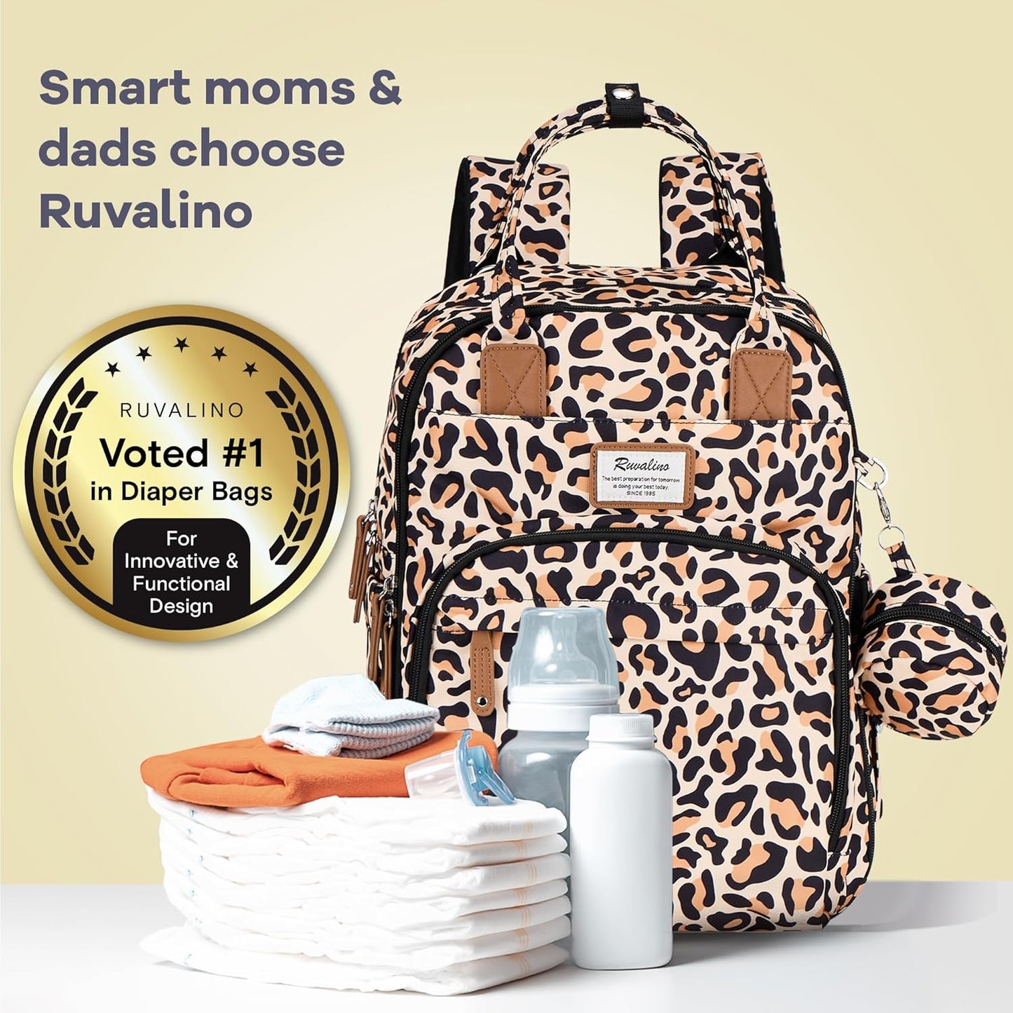 RUVALINO Diaper Bag Backpack-Multifunction Baby Travel Bag with Changing pad, Insulated Bottle Holders & Pacifier Case, Large Capacity, Waterproof, Yellow Leopard