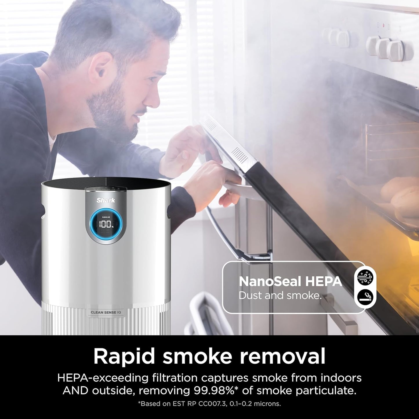 Shark Air Purifier for Home Large Room, Clean Sense Technology, HEPA Air Filter, 1000 Sq Ft, Kitchen, Filters Smoke, Captures 99.98% of Particles, Pet Dander, Pollutants, Dust, Allergens, HP201