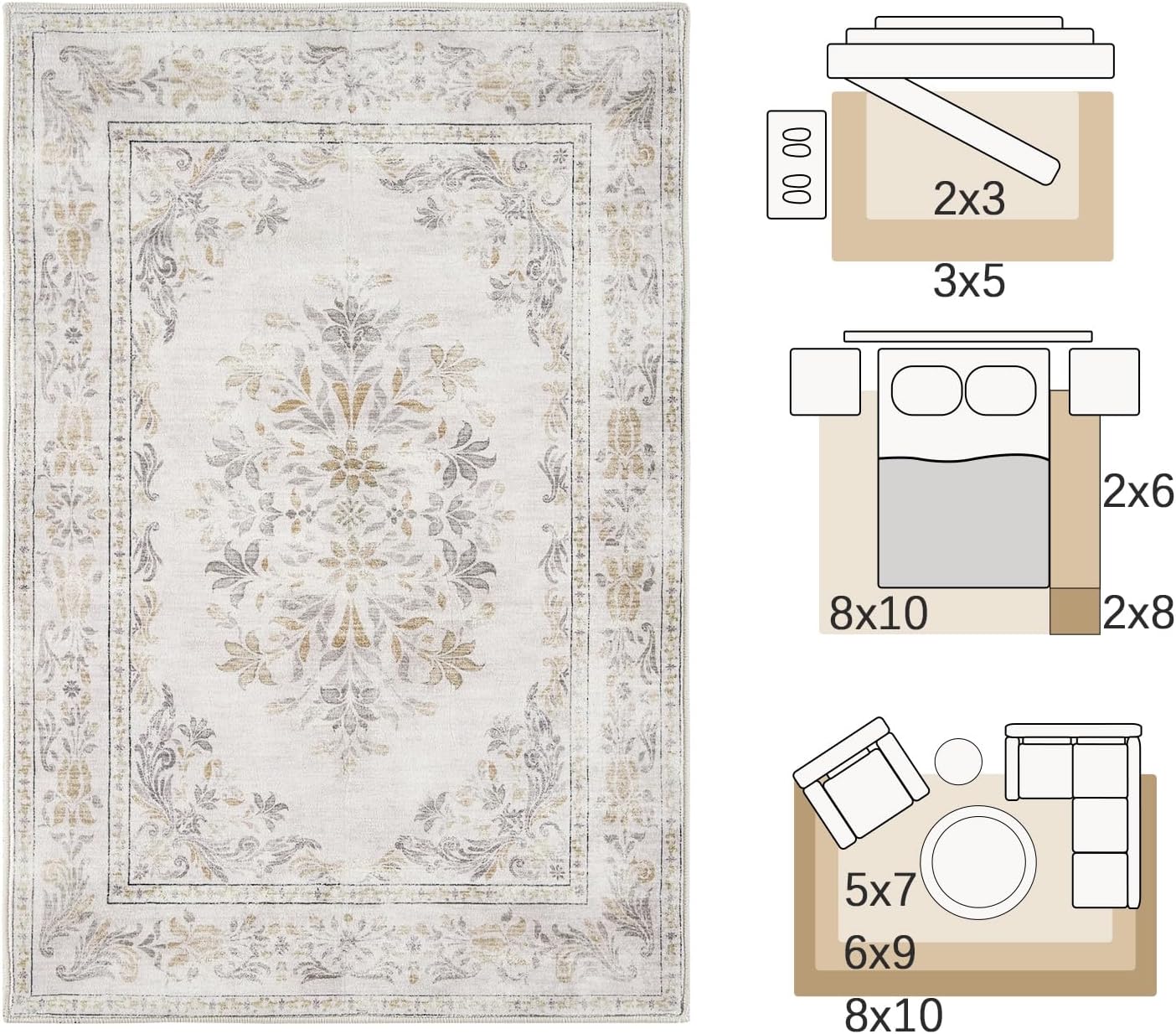 jinchan Vintage Floral 5x7 Area Rugs - Machine Washable Distressed Design Soft Ultra-Thin Low-Pile Non-Slip Carpet for Kitchen Bedroom Nursery Living Room Dining Room Home Office (5x7ft,Light Grey)