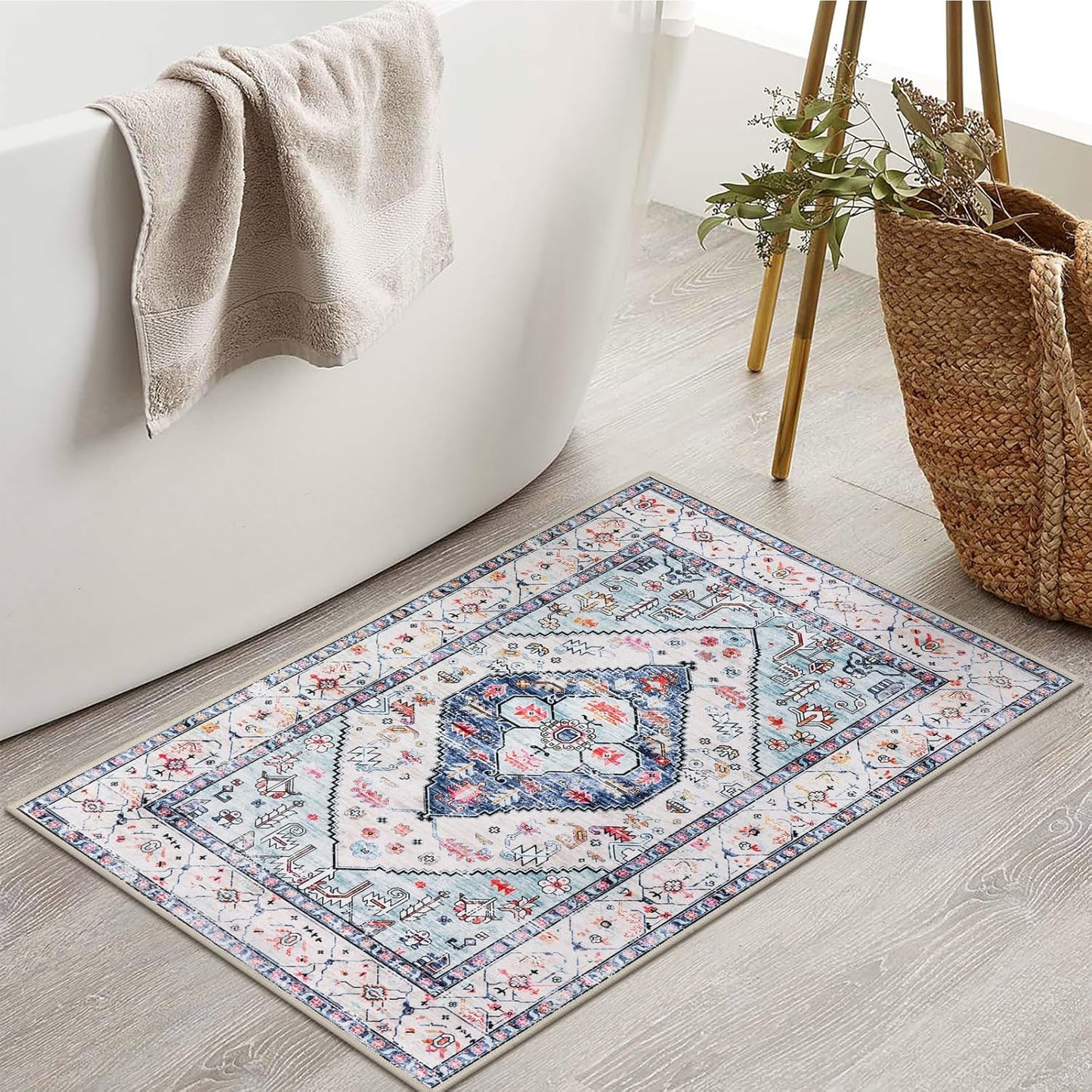 Lahome Boho Round Rug - 8Ft Washable Area Rug, Non-Slip Small Bathroom Rug, Lightweight Bedroom Throw, Oriental Distressed Print Carpet for Entryway, Sofa, Nursery, Kids Room