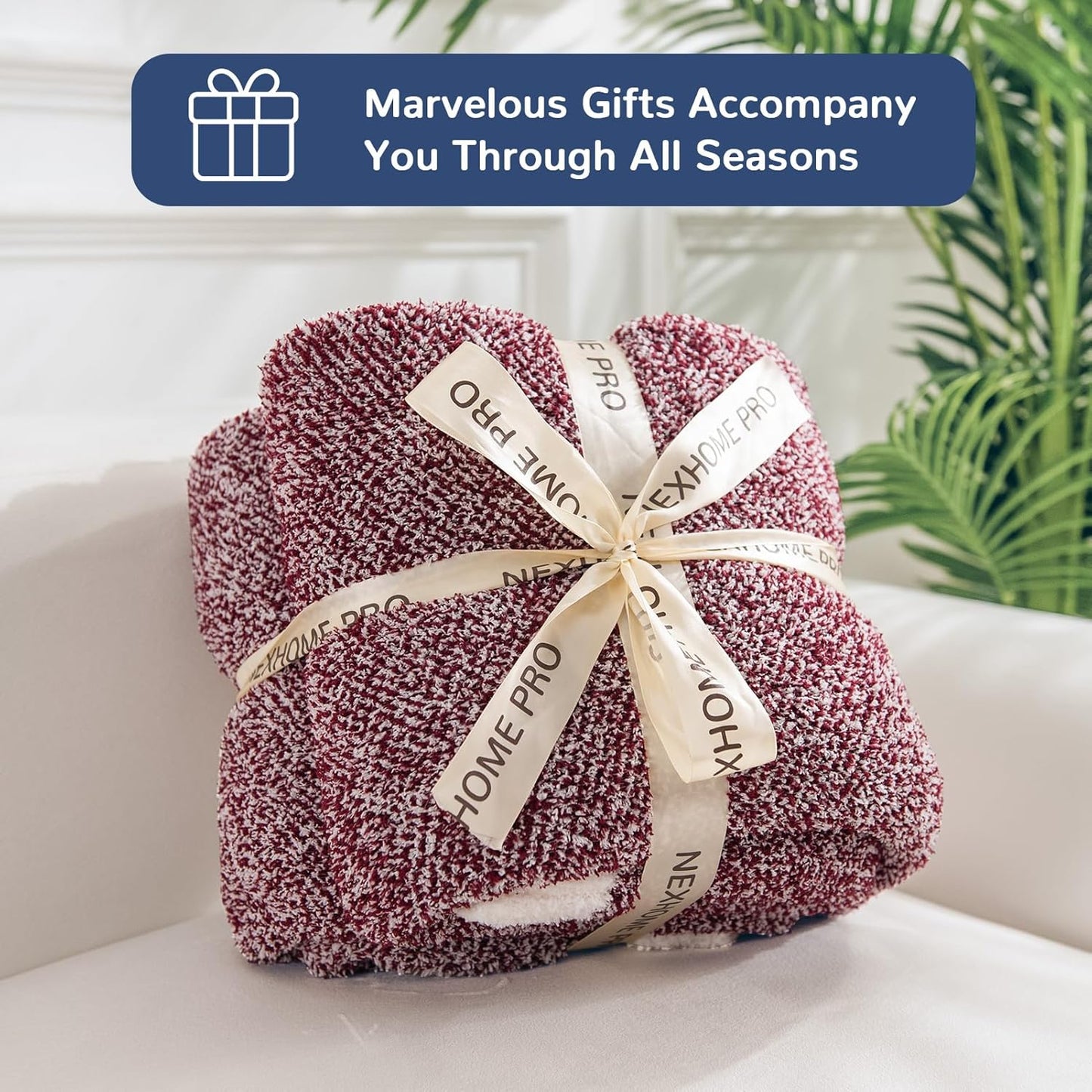 NEXHOME PRO Soft Throw Blankets for Couch, Reversible Warm Blankets Cozy Knit Blanket for Women, Fuzzy Plush Lightweight Throws for Sofa, Bed, Picnic, Wine 50 x 60 inches