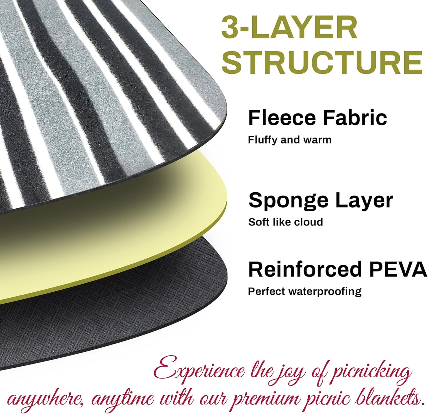 PortableAnd Extra Large Picnic & Outdoor Blanket 3 Layers for Water-Resistant Handy Mat Tote Spring Summer Black and White Striped Great for The Beach,Camping on Grass Waterproof Sandproof