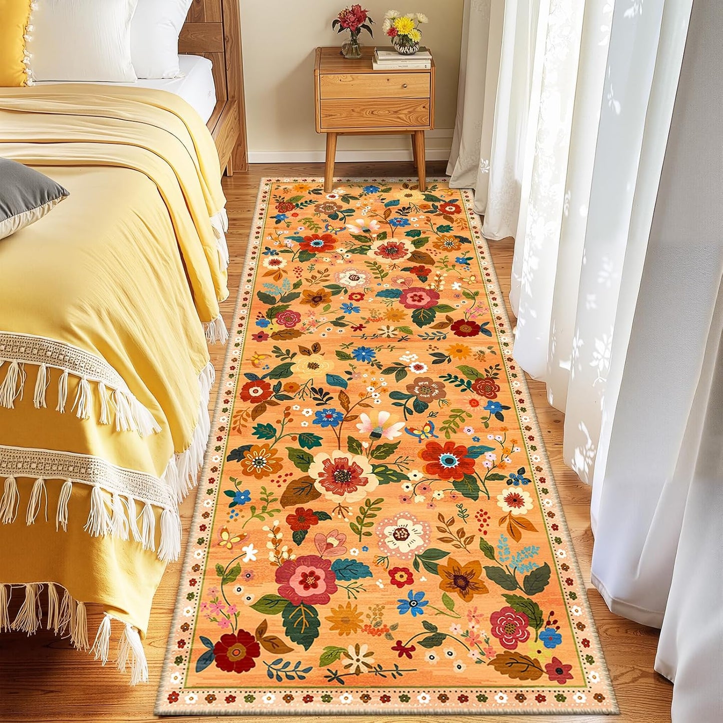 Floral 2x8 Area Rug Machine Washable Soft Print Boho Carpet Non Slip Doormat Low Pile Flower Area Rugs for Living Room Bedroom Nursery Kitchen Dining Room Indoor-Yellow/Orange