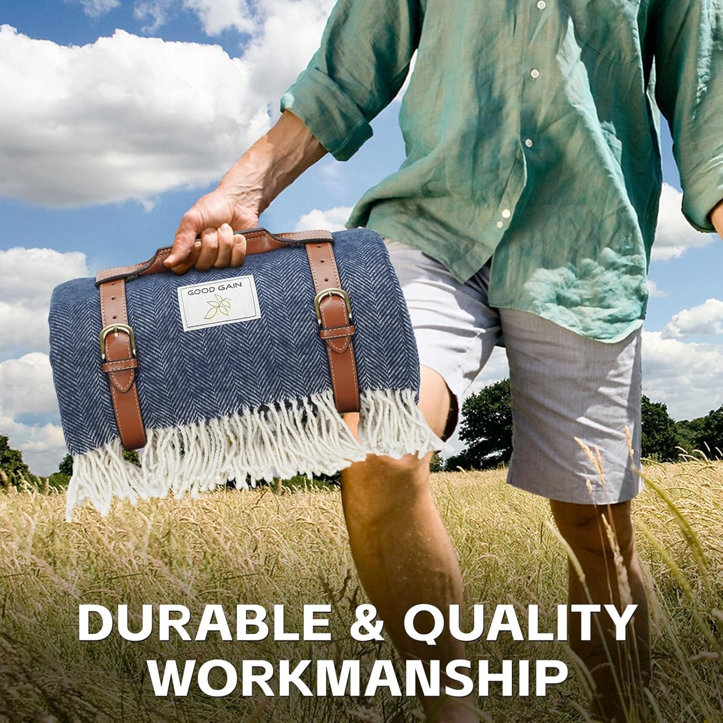 Waterproof Picnic Blankets- Extra Large Outdoor Blanket Foldable, Beach Blanket with PU Handles, Sandproof Picnic Mat for Hiking, Camping, Lawn, Park, Grass. Blue