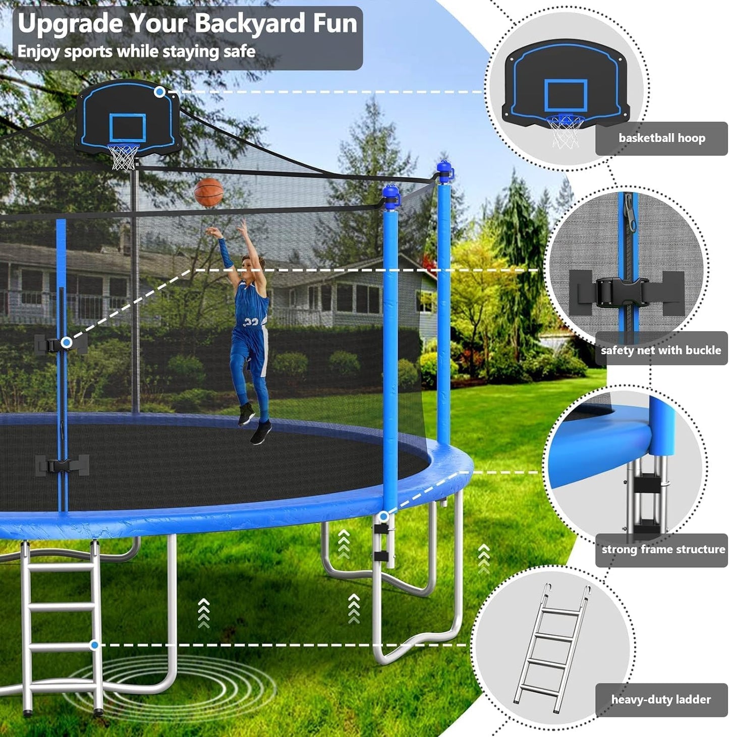 Upgraded 10/12/14/15/16FT Trampoline Outdoor, Large Kids Trampoline with Light, Stakes, Sprinkler, Backyard Trampoline with Basketball Hoop and Net, Capacity for 4-6 Kids and Adults