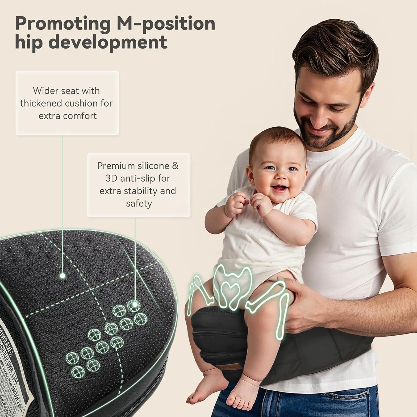 Baby Carrier with Hip Seat, Parent-Approved Baby Hip Carrier & Toddler Carrier, Comfortable Wide Waist & Lumbar Support, Thick Seat with Storage, Adjustable Knob, Supports 44lbs, Black