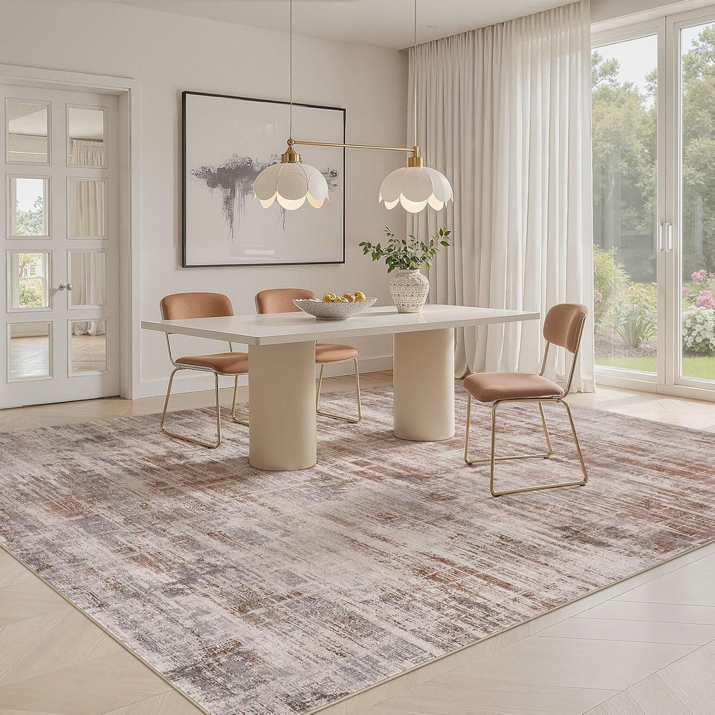 Area Rug for Living Room: 7x9 Washable Neutral Abstract Modern Soft Rugs Non Slip Indoor Floor Stain Resistant Large Carpet for Bedroom Dining Room Office Nursery - Red Brown