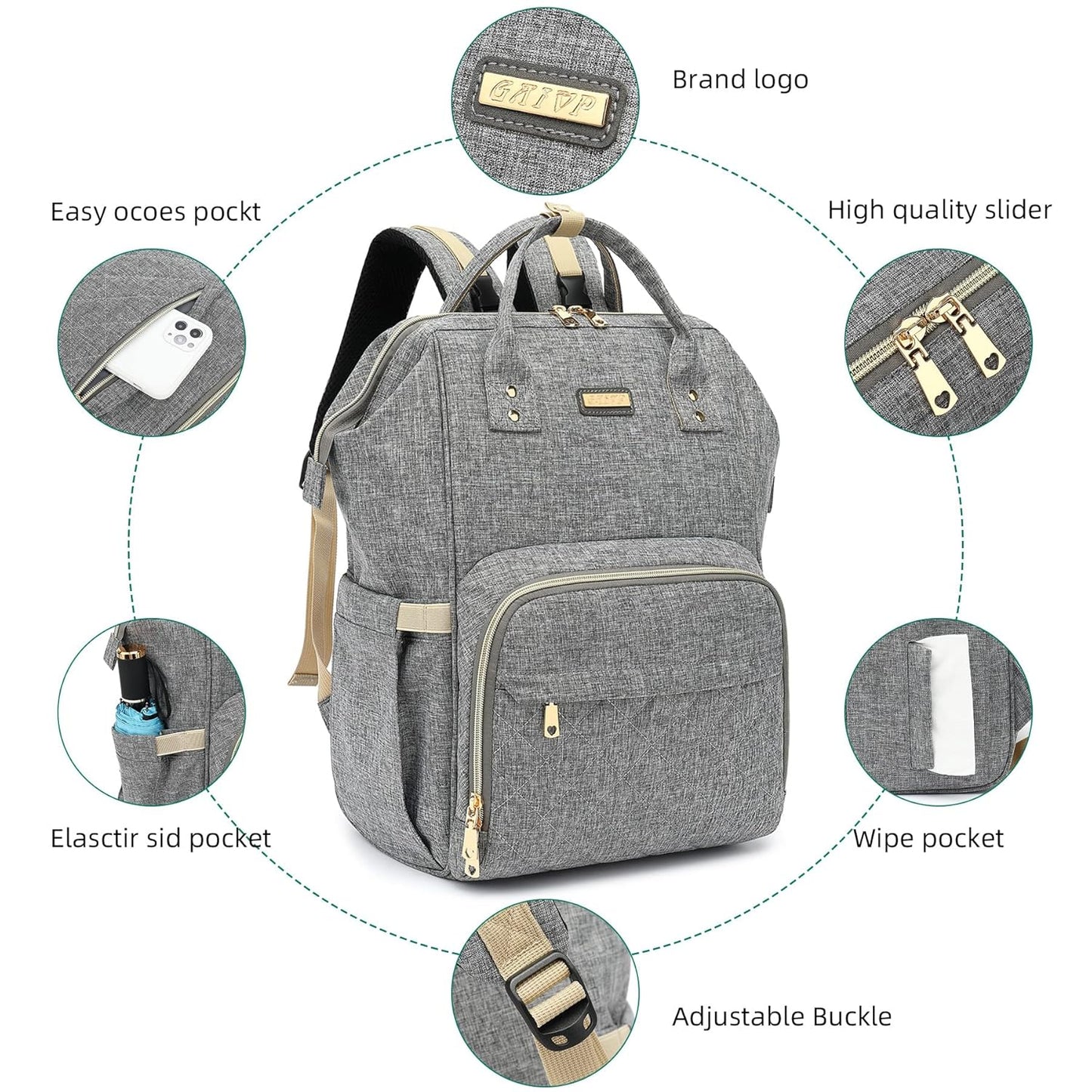 Diaper Bag Backpack, Diaper Bags for Baby Girls Boys, Baby Bags for Moms Dads, Nappy Changing Bag with Insulated Pockets,Multi-functional Waterproof Backpack with Stroller straps - Grey