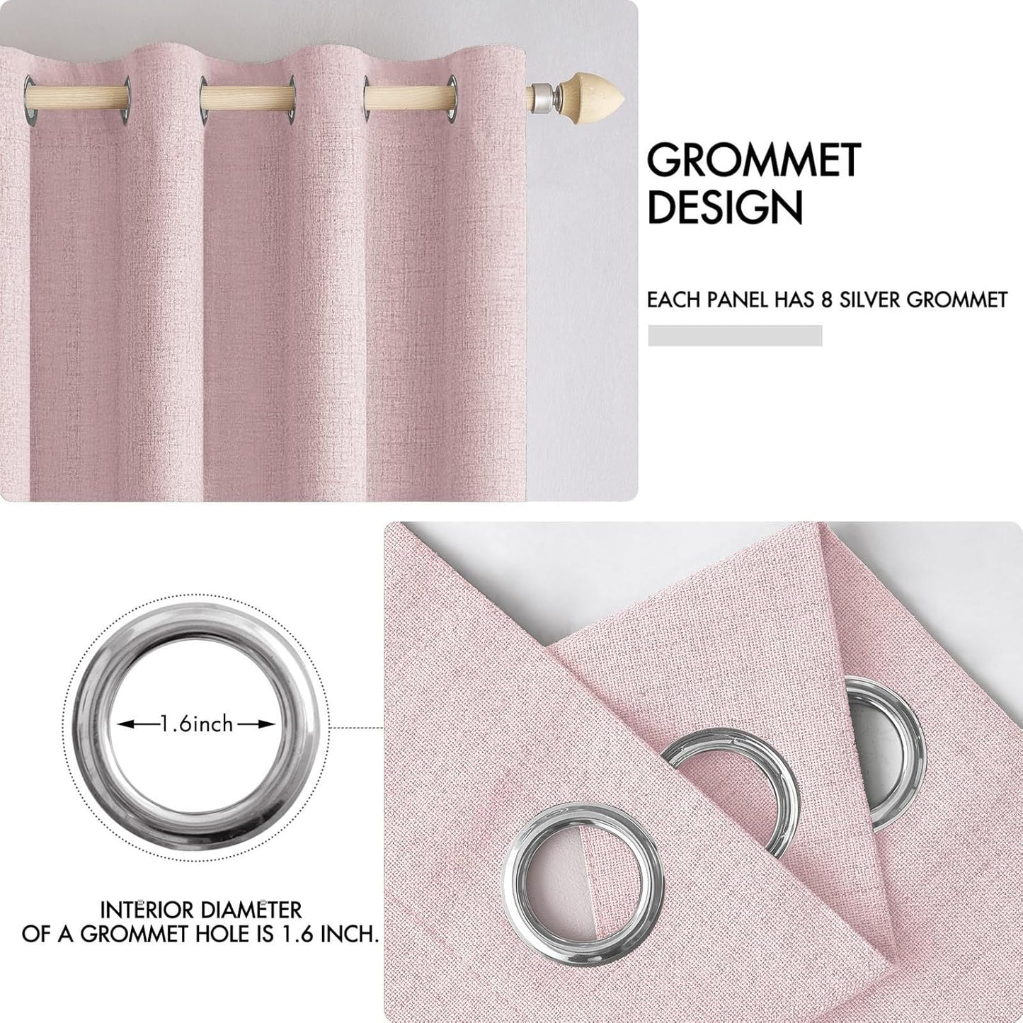 MIULEE Linen Texture Curtains for Bedroom Solid 100% Blackout Thermal Insulated Pink Curtains Grommet Room Darkening Drapes for Living Room Nursery 52x72 Inch (2 Panels)