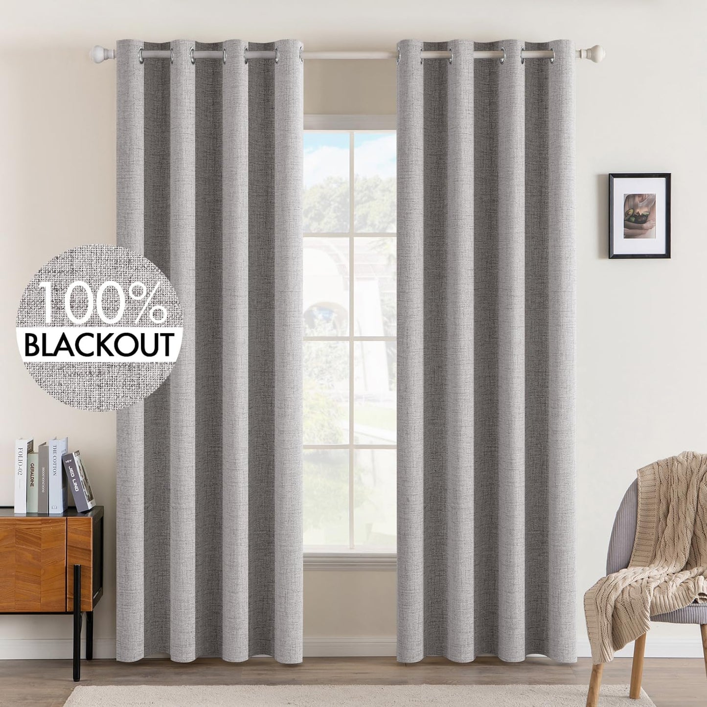 MIULEE Linen Texture Curtains for Bedroom Solid 100% Blackout Thermal Insulated Greyish White Curtains Grommet Room Darkening Drapes for Living Room Nursery 52x84 Inch (2 Panels)