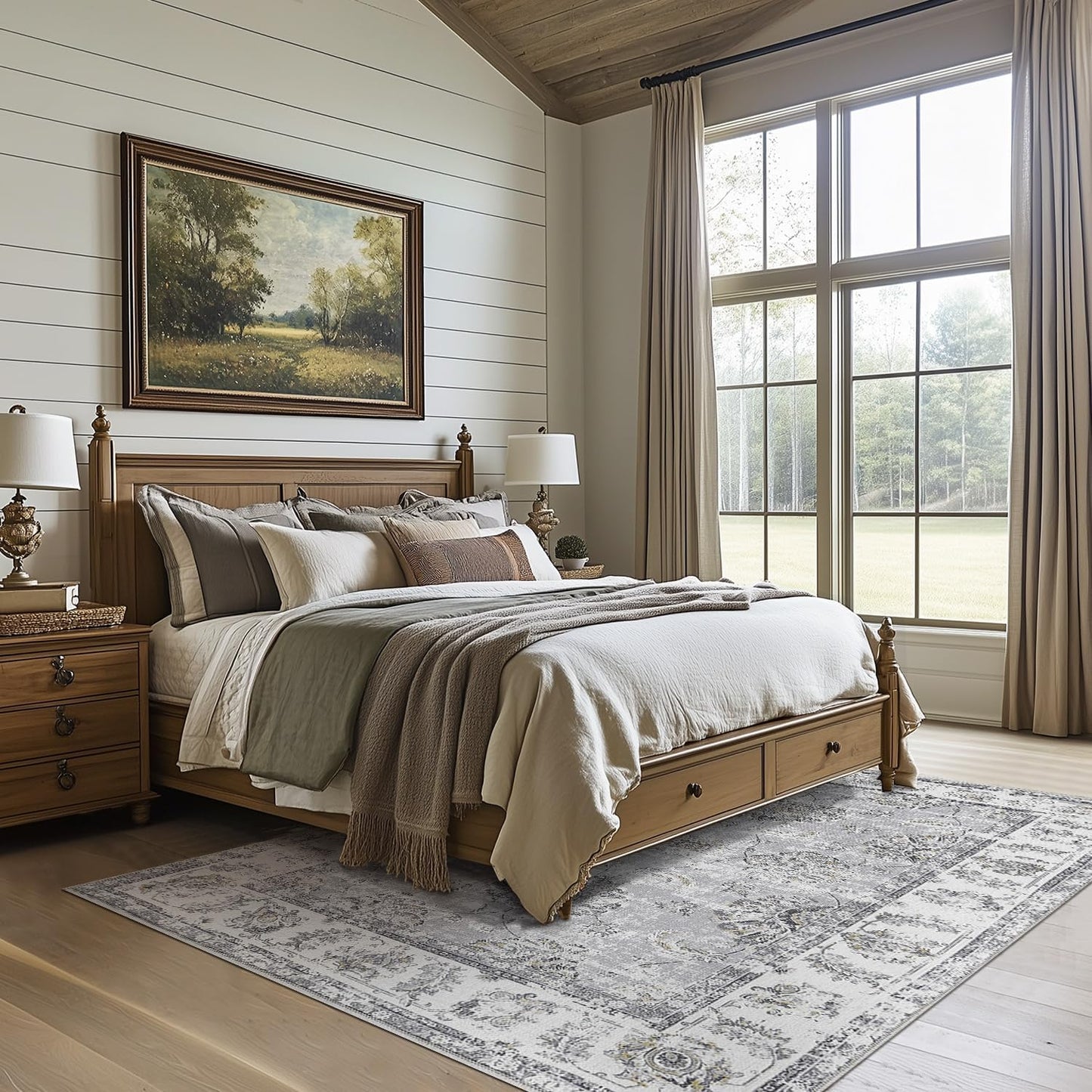 jinchan Vintage Floral 5x7 Area Rugs for Bedroom - Machine Washable Distressed Design Stain Resistant Boho Carpet Ultra-Thin Low Pile Non-Slip Rug for Living Room Dining Room Kitchen (5‘x7',Grey)