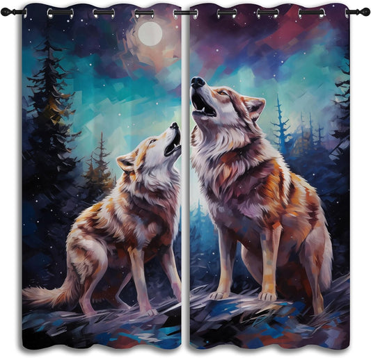 Wildlife Blackout Curtains for Boys Girl Bedroom Decor,Fantasy Starry Full Moon Wolf Howling Thermal Insulated Grommet Drapes Darkening Window Curtain for Living Room Home 55x63 inch