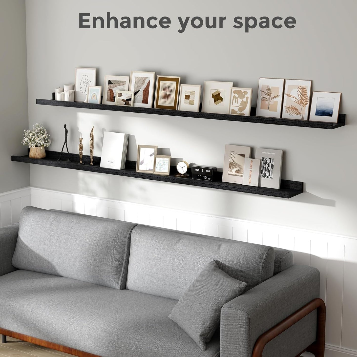 Fun Memories Black Long Picture Shelves 72 Inch, Solid Wood Floating Shelves Photo Shelf with Lip, Large Wall Mounted Display Shelves for Living Room, Bedroom, Kitchen