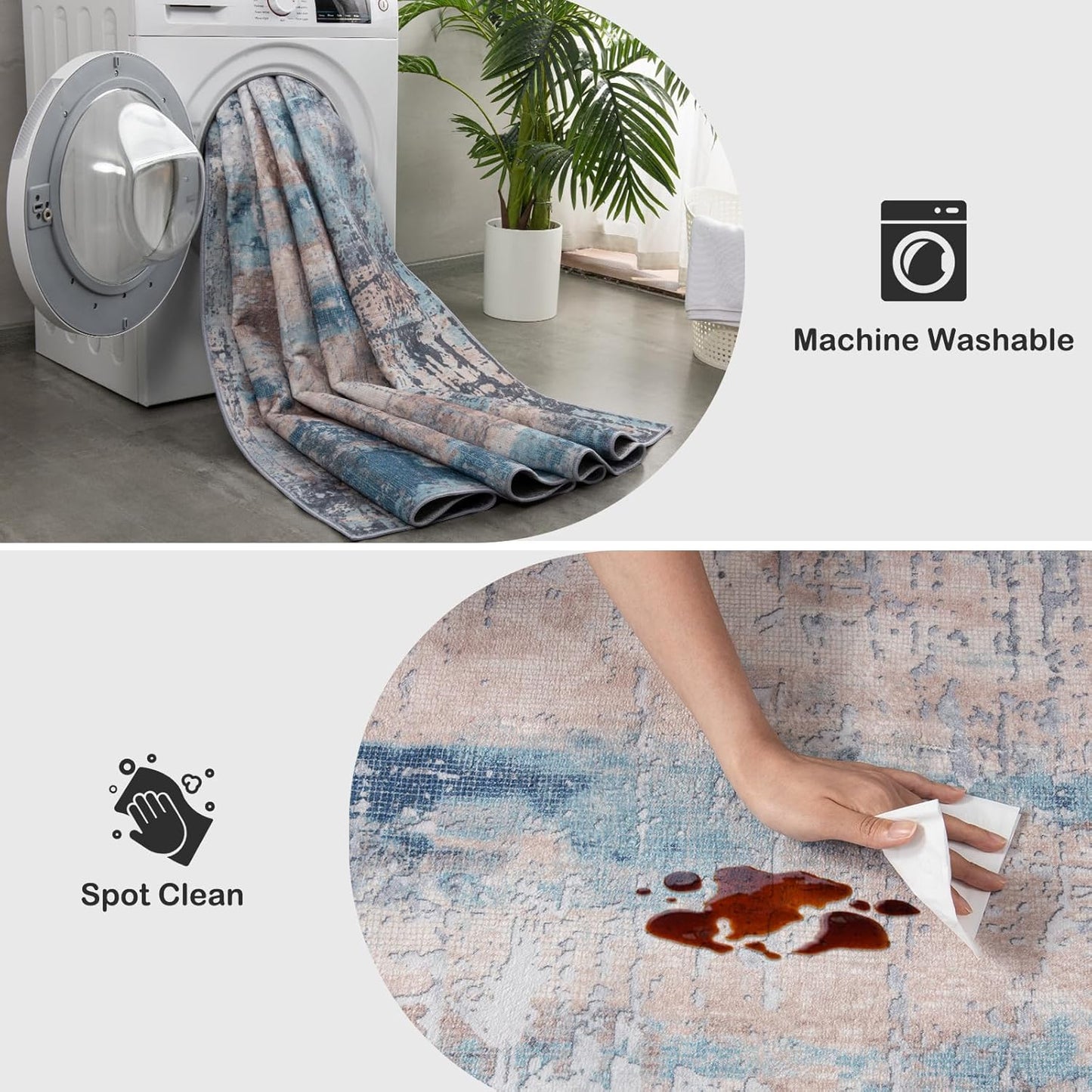 Area Rug Living Room Rug, 4x6 Modern Abstract Washable Rug Beige Blue Non Slip Foldable Faux Wool Vintage Carpet, Fluffy Non-Shedding Rugs for Living Room, Bedroom, Dining Room, Kids Playroom