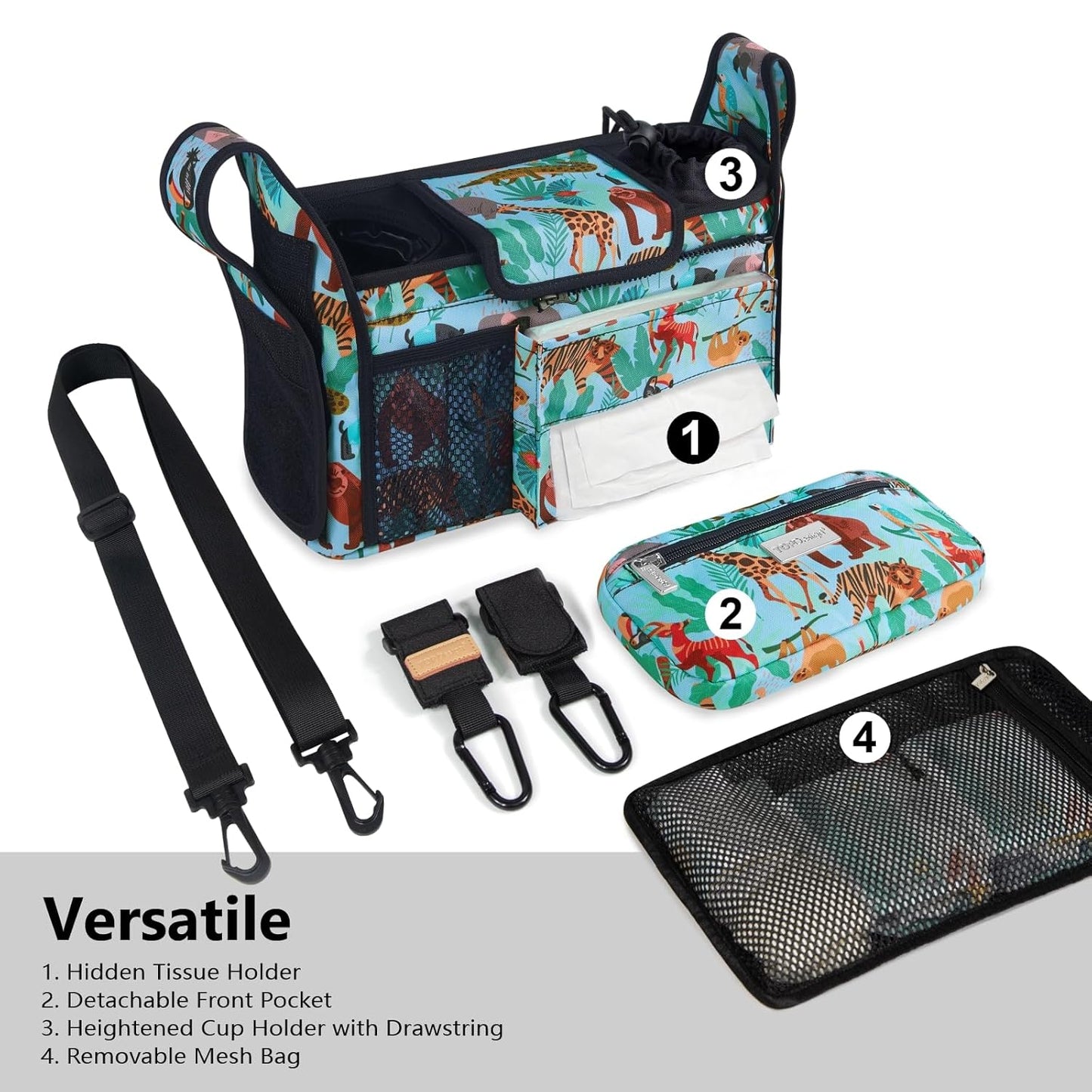 TOPDesign Universal Baby Stroller Organizer, Stroller Caddy with Detachable Mesh Bag & Heightened Insulated Cup Holders & Non-Slip Secure Hooks Accessories, Fits Most Strollers (Tropical Rainforest)