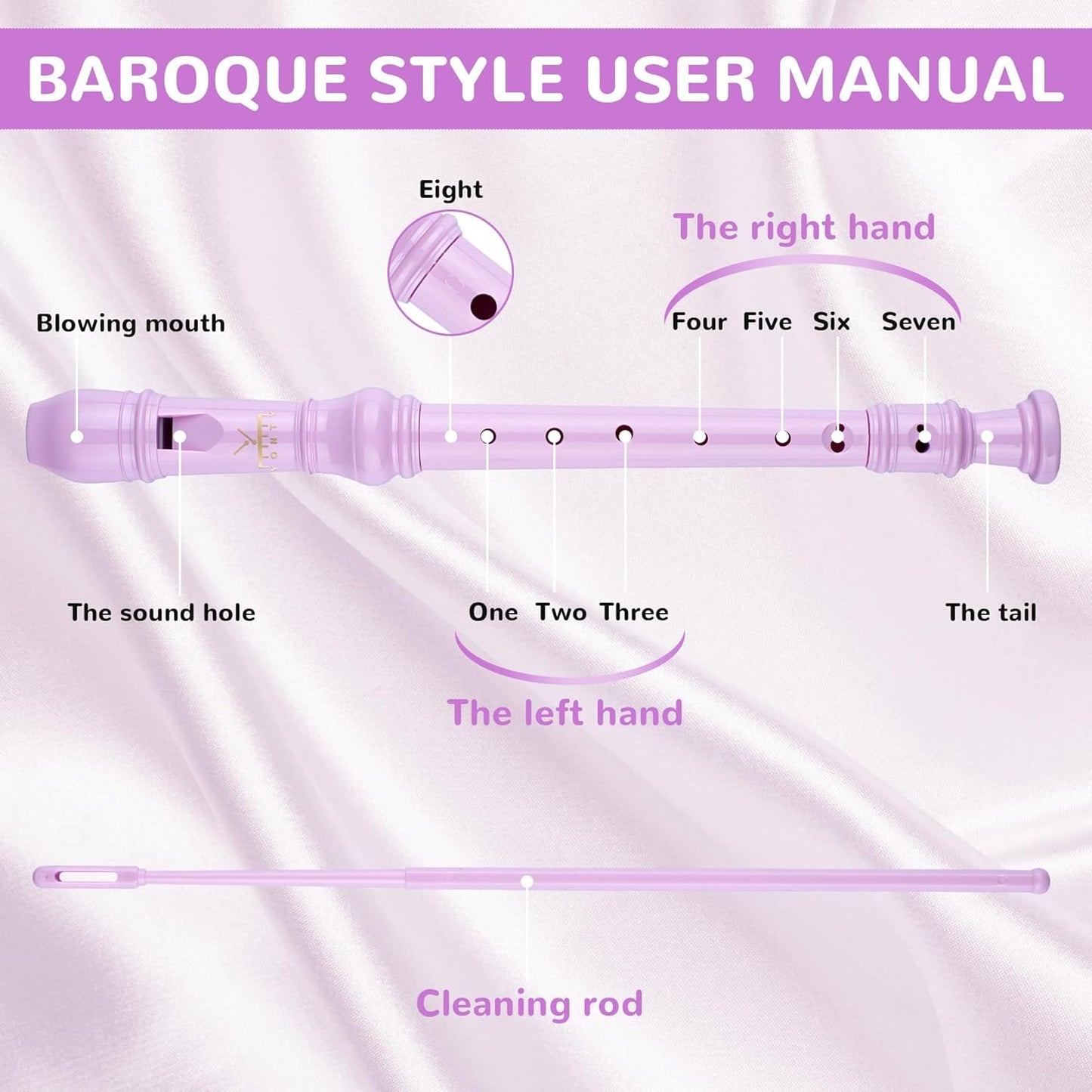 Soprano Recorder 8-Hole Instrument for Beginners Kids Students, Baroque Style C Key Flute with Cleaning Rod & acking Bag for Education & Entertainment - Amethyst