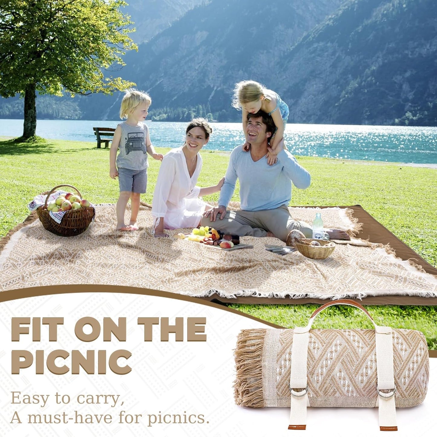 Genovega 2 in 1 Extra Large Outdoor Picnic Blanket Waterproof Woven Boho Mat Giant Beach Towel Travel Essential Yoga Accessories Park Patio Lawn Garden Grass Ground Music Festival Concert Must Have