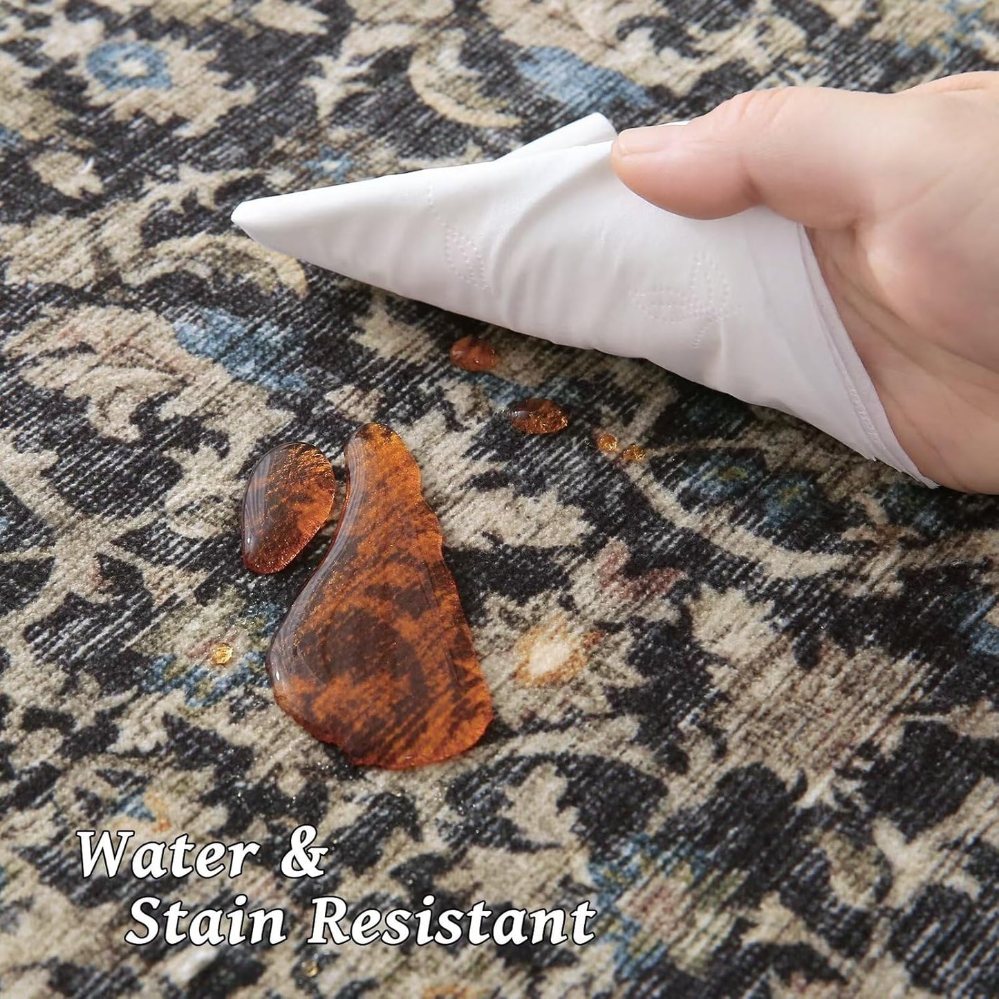 Washable 9x12 Area Rugs for Living Room, Boho Non-Slip Silicone Backing Rugs for Bedroom Dining Room Nursery Office, 0.3" Neutral Oriental Throw Carpet with 0.16" Cushioning Pad, Black/Multi