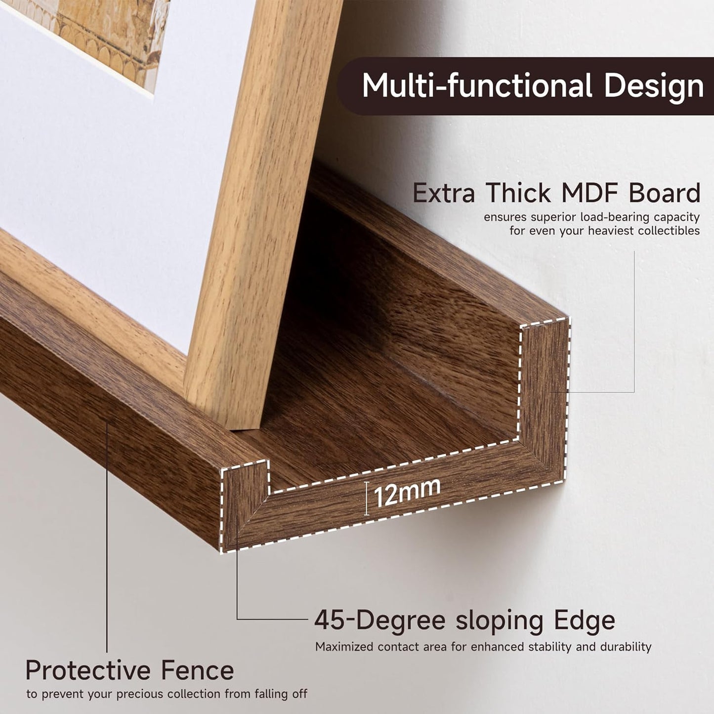 Picture Ledge Shelf for Wall, Floating Shelves Set of 4, 48 Inch Long Nursery Book Shelves for Toys Storage, Kids Bookshelf Wall Mounted for Books Photo Frames, Walnut