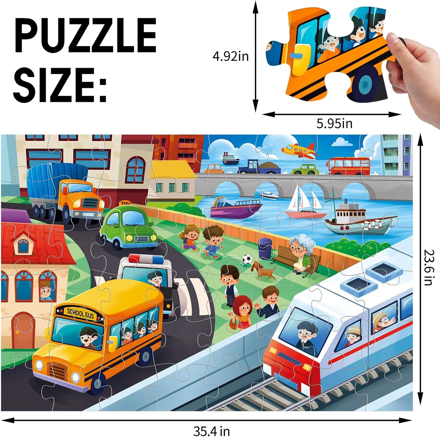 Jumbo Floor Puzzle for Kids,City Transportation Jigsaw Large Puzzles,48 Piece City Life Vehicle Puzzle for Toddler Ages 3-5,Children Learning Preschool Educational Toys,Gift for 4-8 Years Old