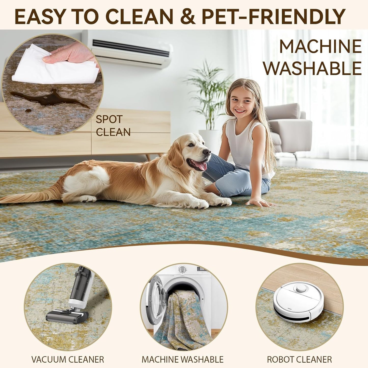 Washable Area Rugs 8'x10' Non-Slip Modern Abstract Soft for Living Room Entryway Bedroom Nursery, Print Pattern, Teal Blue Taupe