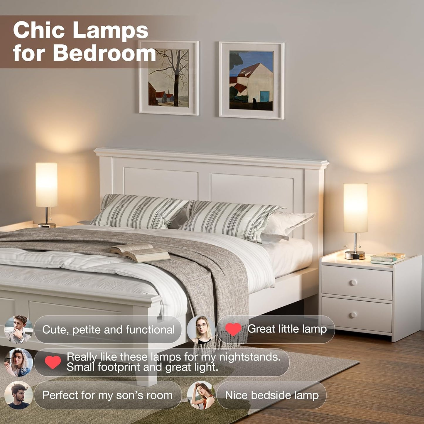 White Bedside Lamps for Bedroom Set of 2 - Nightstand Lamp with USB Charging Port, 3 Color Temperatures, Silver Base Night Stand Light, Side Table Desk Reading Lamp Dorm Room