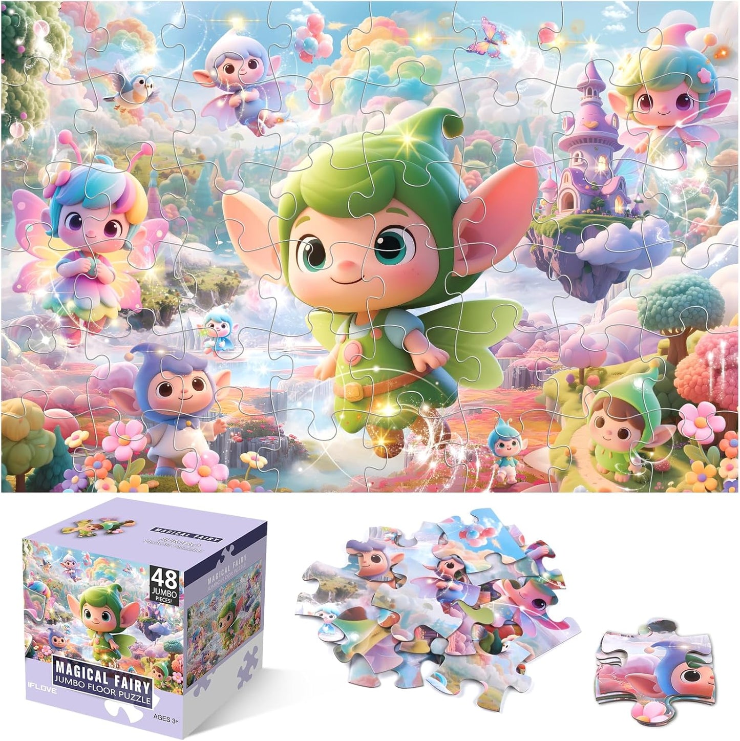 Jumbo Floor Puzzle for Kids,48 Piece Fairy Large Jigsaw Puzzles for Toddler Ages 3-5,Preschool Educational Toy Gift for Boys & Girls Ages 4-8