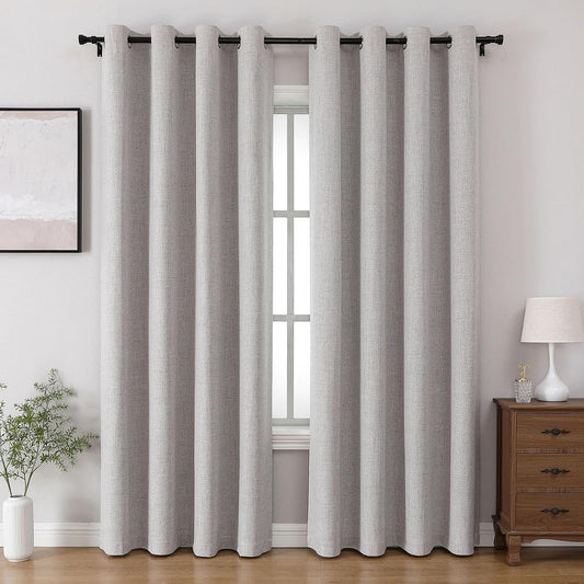 Joydeco 100% Blackout Linen Curtains 90 Inches Long 2 Panels, Thermal Insulated Burlap Curtain & Drapes, Grommet Room Darkening Textured Curtains for Bedroom Living Room (52x90 inch,Greyish White)