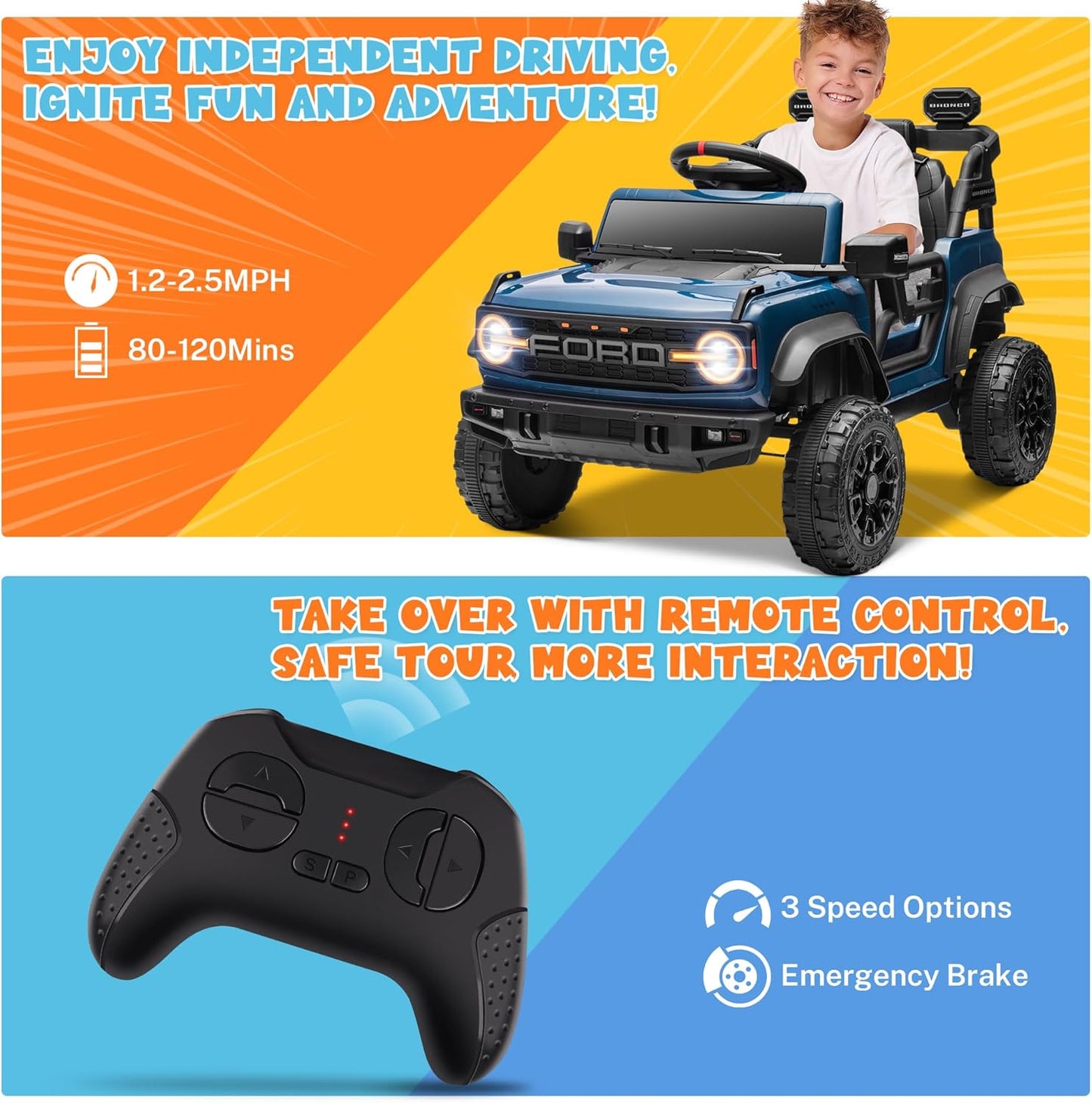 ENYOPRO Licensed Ford Bronco Raptor Electric Ride On Jeep for Kids, 12V Remote Control Ride On Car for Toddlers, Electric Vehicle w/Shock Absorbers, Soft Start, Bluetooth, LED Lights, 2 Speed (Blue)