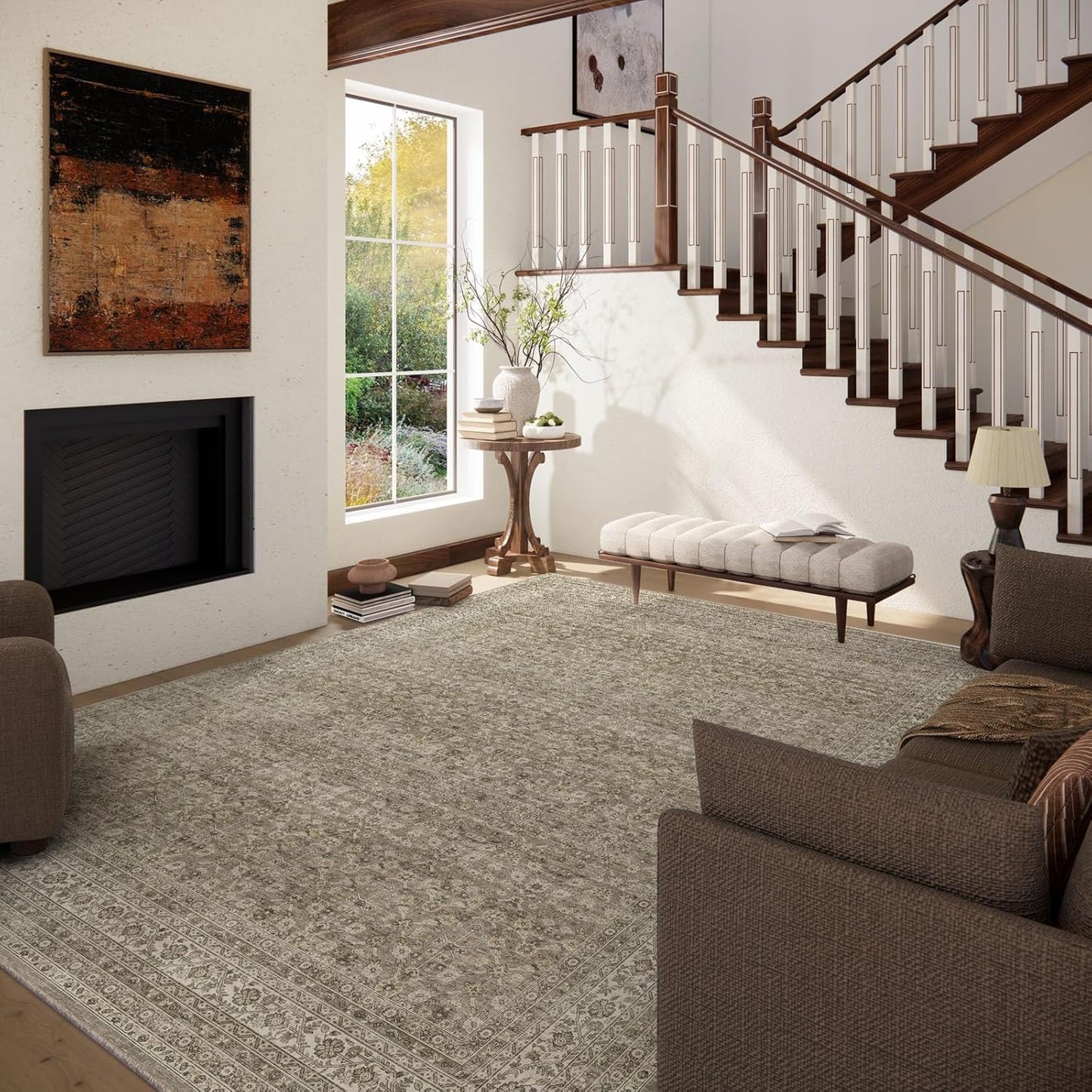 Washable Area Rugs for Living Room: 5x7 Bedroom Area Rug Boho Vintage Rugs Stain Resistant Non Slip Low Pile Soft Lightweight Carpet for Kitchen Dining Room Farmhouse Nursery Kids Room