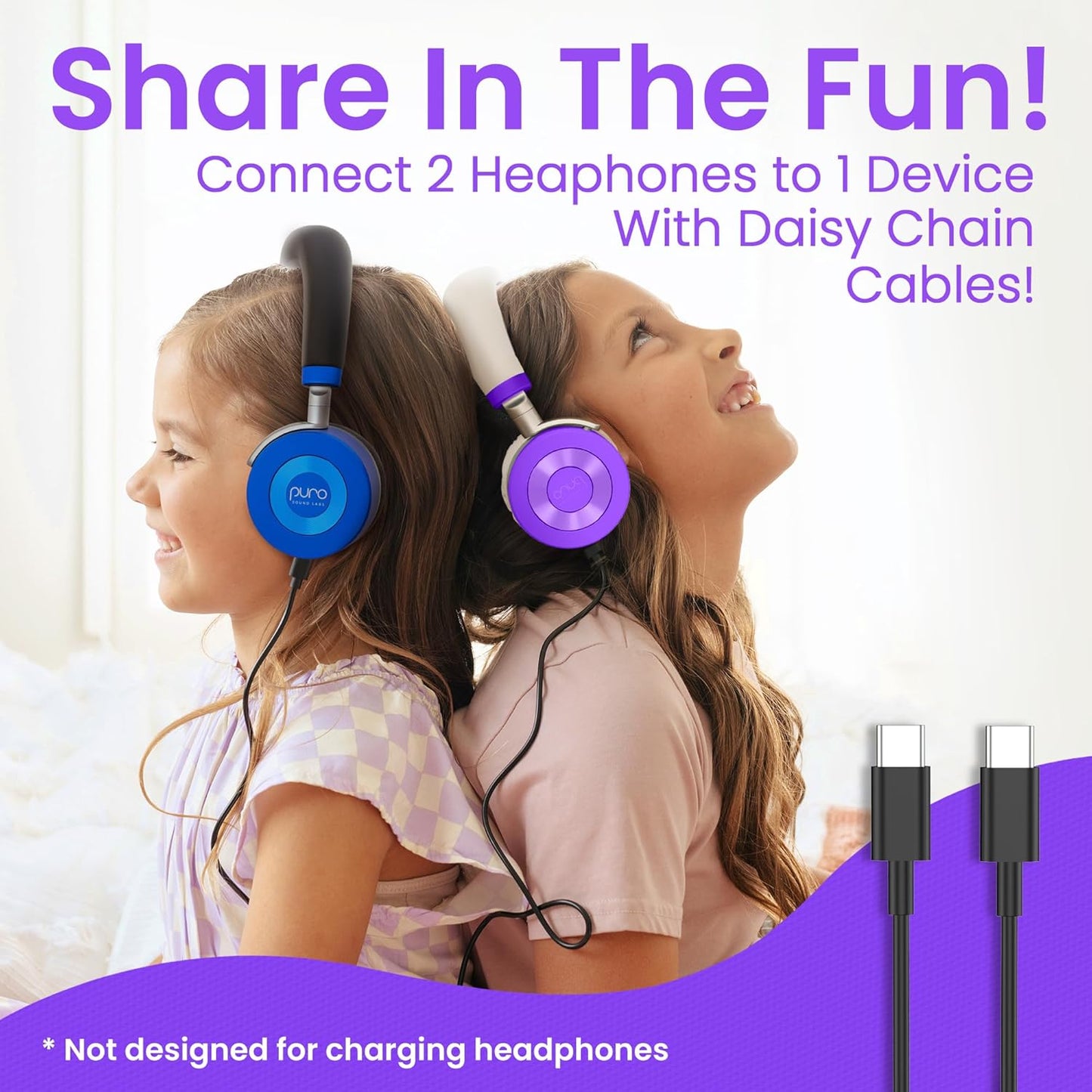 Puro Sound Labs JuniorJam Plus Volume-Limiting Wireless Bluetooth Headphones for Kids, Secure Audio with Adjustable On-Ear Design, 22-Hour Battery, Ideal for Tablets, Smartphones & PCs - Purple
