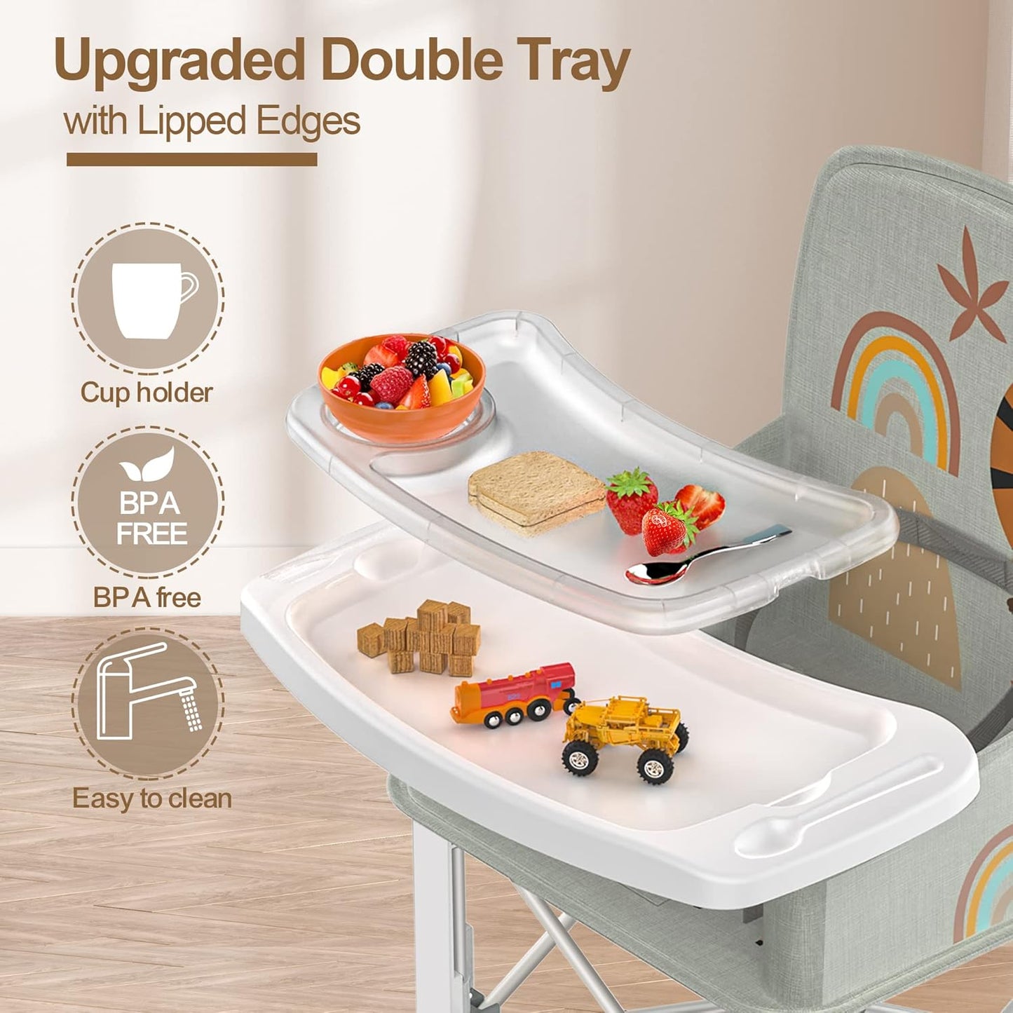 Baby Travel Booster Seat with Double Tray, BabyBond Upgraded Toddler Portable Baby Chair, Booster Seat for Dining Table, Stable and Foldable Booster Baby Chair for Indoor/Outdoor (Grey Lion)