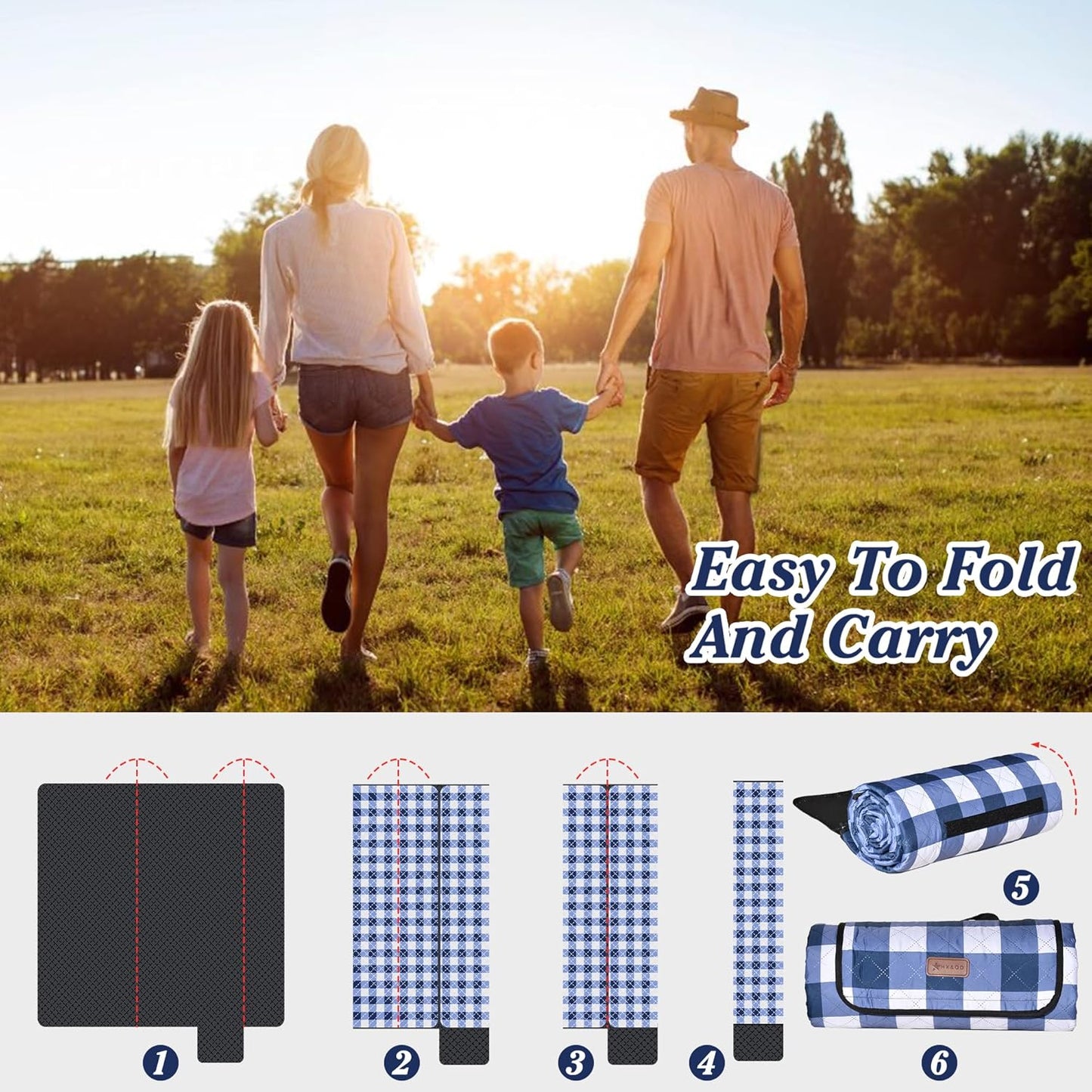 HX&OD Outdoor Picnic Blanket, Extra Large, 80''x60'' Waterproof Foldable Blankets Gingham Picnic Mat for Beach, Camping Grass Lawn Park Accessories Cute Couple Ideas Wedding (Blue, 80”x60”)