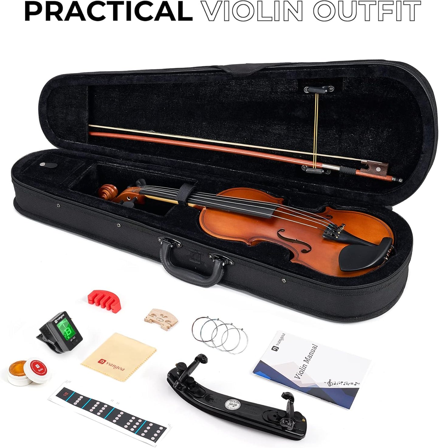 Vangoa 4/4 Violin Full Size Set Spruce Acoustic Violin Fiddle Beginner Kit for Adults Students Kids Teens with Hard Case, Rosin, Shoulder Rest, Bow, Strings, Note Stickers, Mute, Manual, Natural